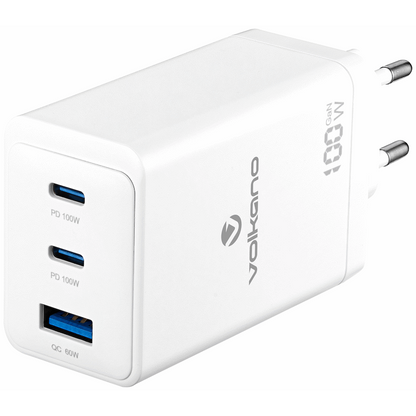 Volkano WattPro Series Triple Port 100W GaN Wall Charger - White