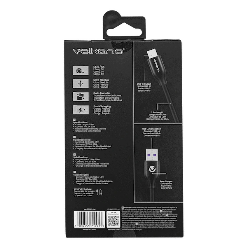 Volkano Flexi Series USB to Type-C 1.5m 30w - Black
