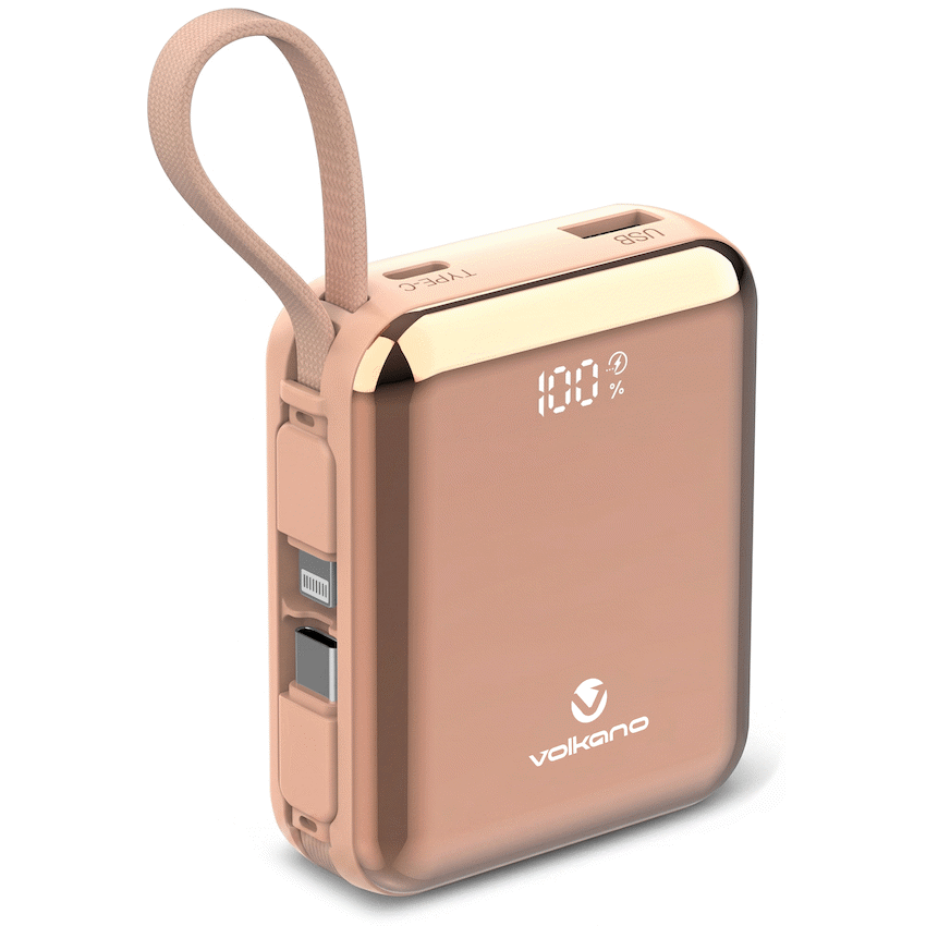Volkano Solace Series 10 000 mAh Power Bank with Built-in USB-C & Lightning Cable - Pink & Rose Gold