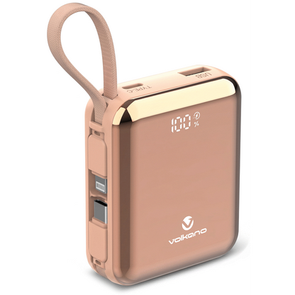 Volkano Solace Series 10 000 mAh Power Bank with Built-in USB-C & Lightning Cable - Pink & Rose Gold