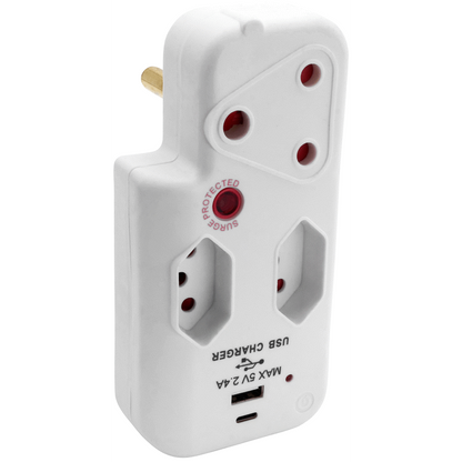 Switched 3-Way Medium Surge Adaptor with Type-C + USB - White