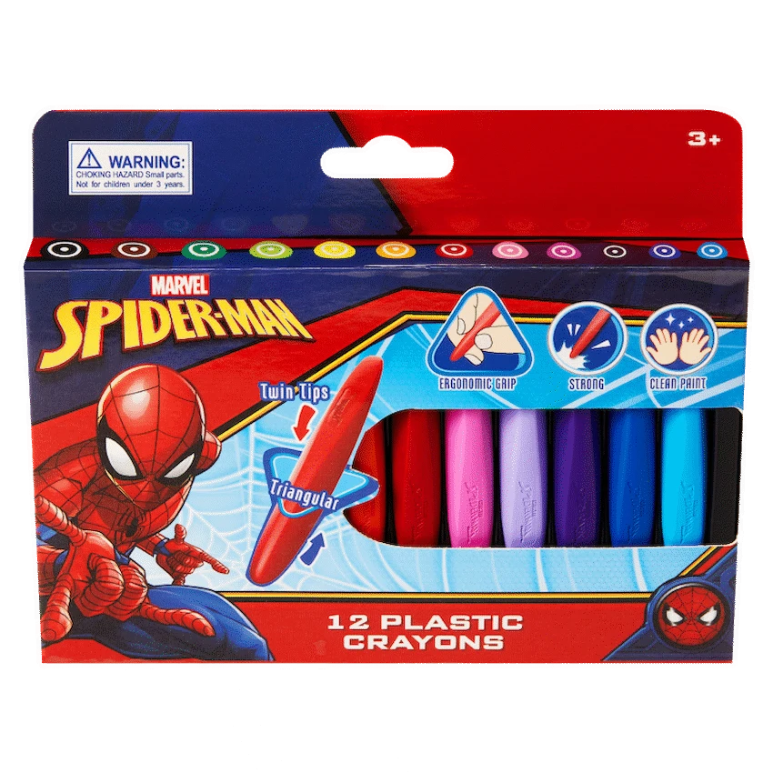 Spider-Man 12 Plastic Crayons Twin Tip Triangular - Multi