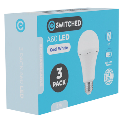 SWITCHED 5W A60 Rechargeable E27 LED Light Bulb CW - 3 Pack