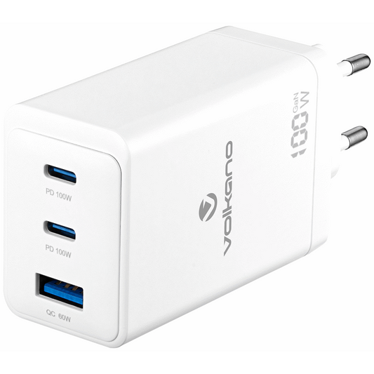 Volkano WattPro Series Triple Port 100W GaN Wall Charger - White