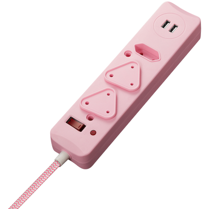 Switched 3-Way Surge Multiplug with Dual USB 2.4A & 0.5m Braided Cord - Pink