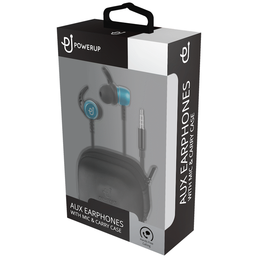 PowerUp E1 Series Aux Earphones with Carry Case - Blue