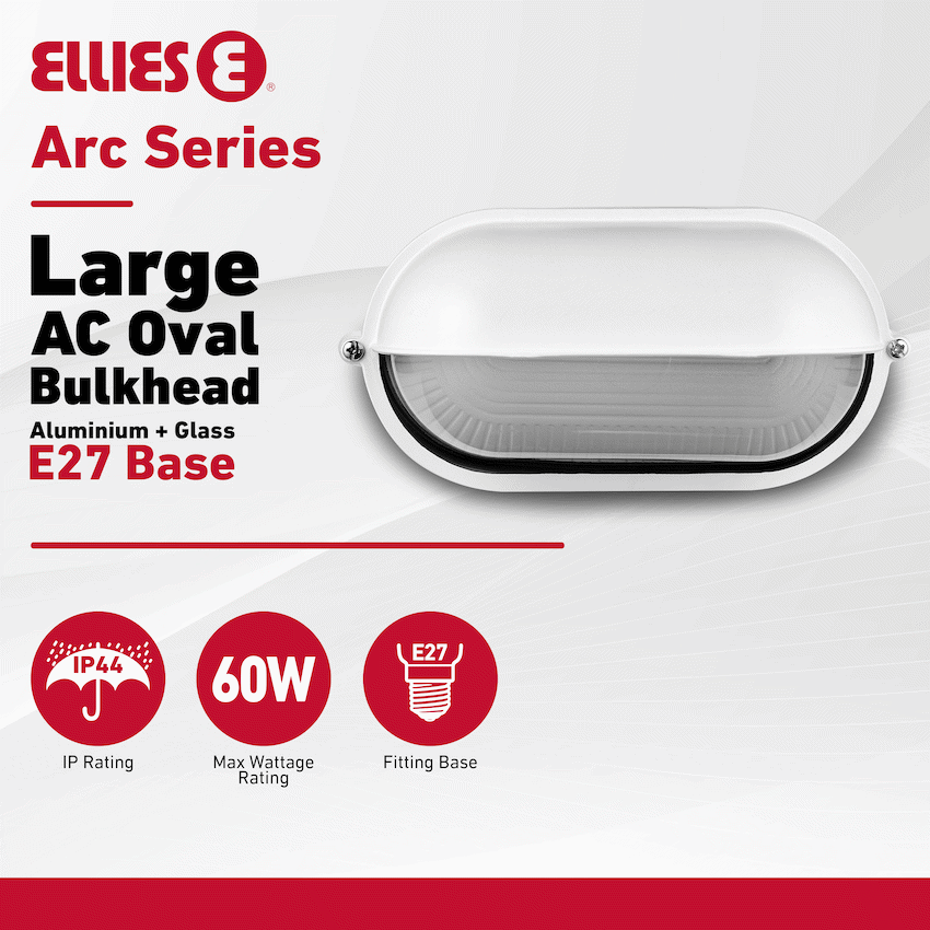 Ellies Arc Series - Large AC Oval Bulkhead - Aluminium + Glass - E27 Base -WT