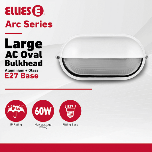 Ellies Arc Series - Large AC Oval Bulkhead - Aluminium + Glass - E27 Base -WT