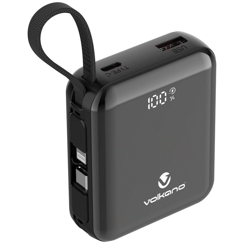 Volkano Solace Series 10 000 mAh Power Bank with Built-in USB-C & Lightning Cable - Black