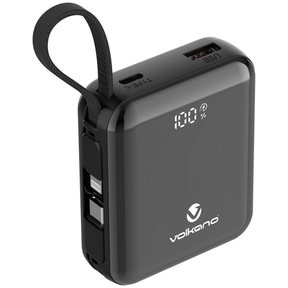 Volkano Solace Series 10 000 mAh Power Bank with Built-in USB-C & Lightning Cable - Black