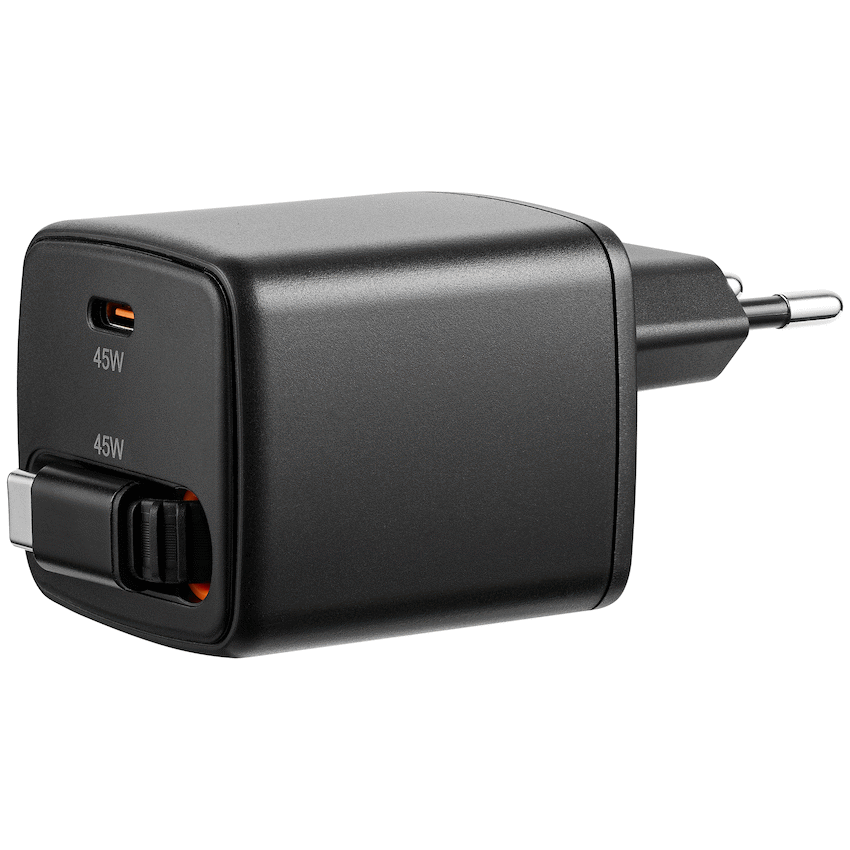 Volkano Sleek Series Fast Wall Charger 45W USB-C with Built-in Retractable 75cm Cable - Black