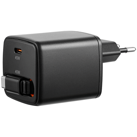 Volkano Sleek Series Fast Wall Charger 45W USB-C with Built-in Retractable 75cm Cable - Black