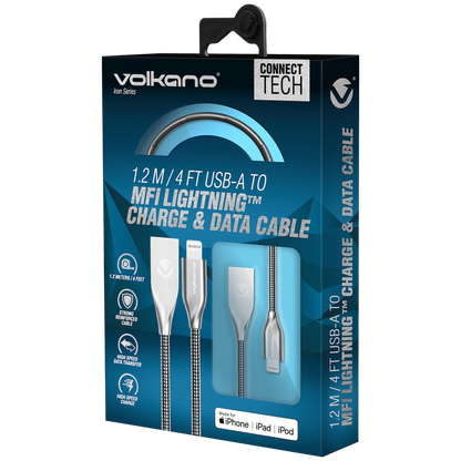 Volkano Iron Series Round Metallic Spring MFI Lightning Cable 1.2m - Silver