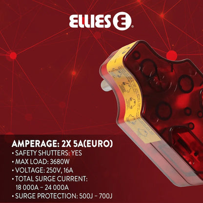 Ellies High Surge  Adaptor 2 x 5A Euro Sockets