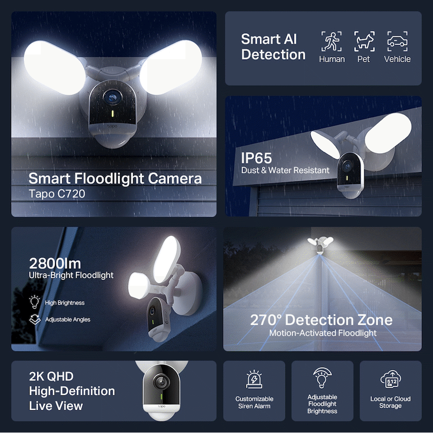 TP-Link Tapo C720 4MP 2K QHD Outdoor security Camera with 2800 lumen floodlight