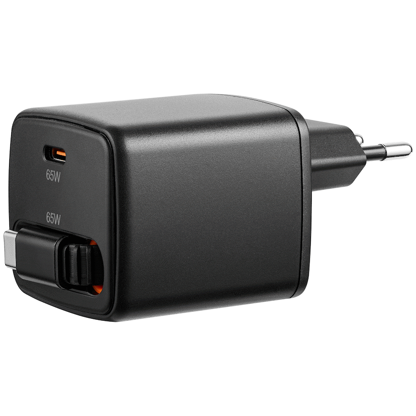 Volkano Sleek Series Fast Wall Charger 65W USB-C with Built-in Retractable 75cm Cable - Black