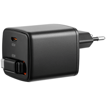 Volkano Sleek Series Fast Wall Charger 65W USB-C with Built-in Retractable 75cm Cable - Black