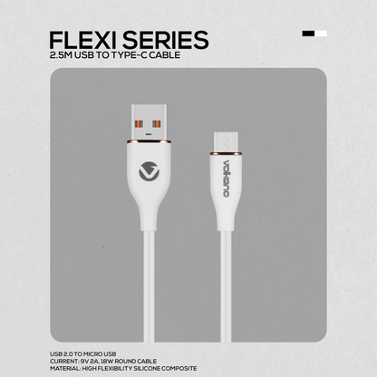 Volkano Flexi Series USB to Micro USB 2.5m 18w - White