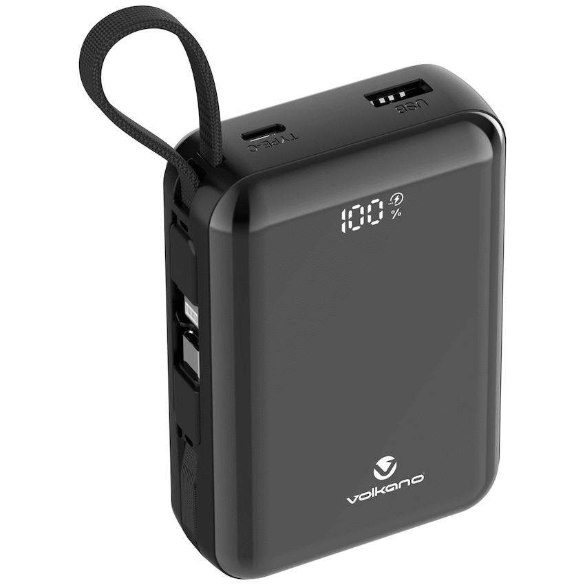 Volkano Solace Series 20 000 mAh Power Bank with Built-in USB-C & Lightning Cable - Black