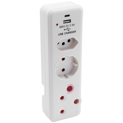 Switched 3-Way Medium Surge Adaptor - Schuko with Type-C + USB