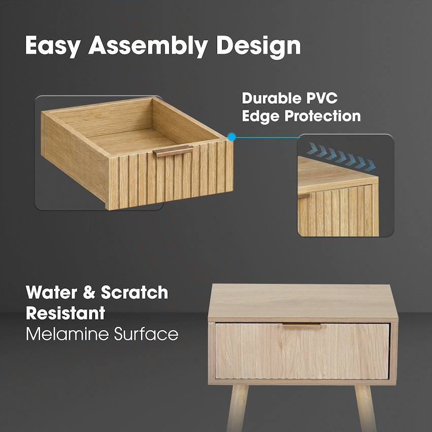 Everfurn Yoko Side Table Wood, Melamine, Pine Wood Legs, 1x Drawer