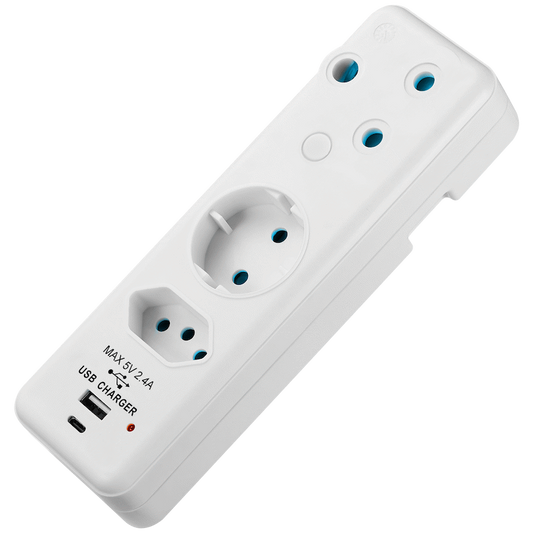Ellies 3-Way Schuko Adaptor with Type-C + USB - White