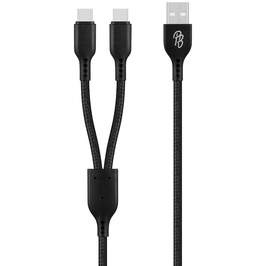 Pro Bass Cord Series 1.2m 15w USB-A to 2x USB-C Braided - Black