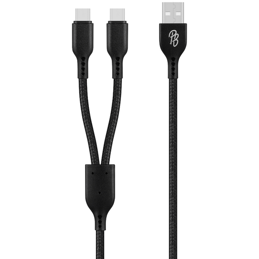 Pro Bass Cord Series 1.2m 15w USB-A to 2x USB-C Braided - Black