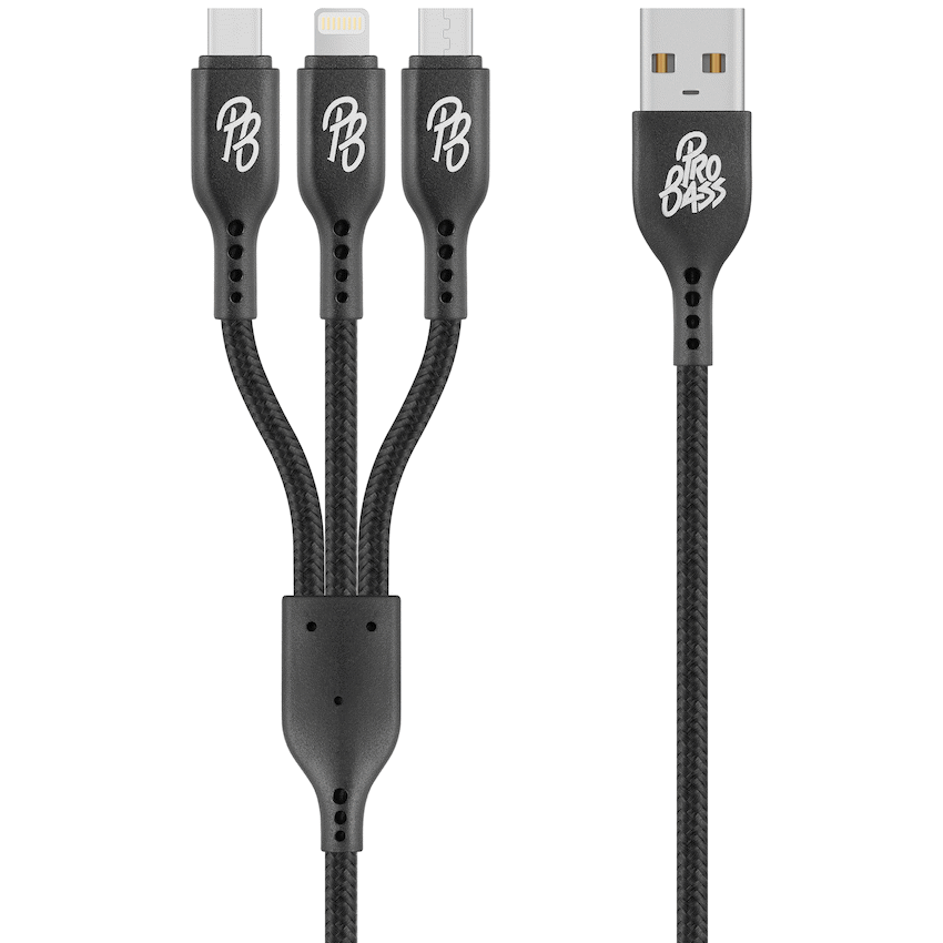 Pro Bass Braided 3-in-1 Charge Cable 1m - Black