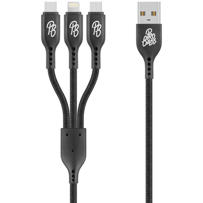 Pro Bass Braided 3-in-1 Charge Cable 1m - Black