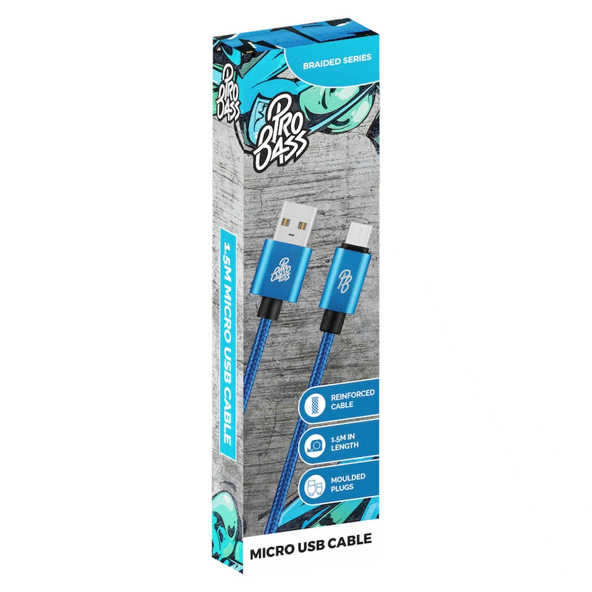 Pro Bass Braided Series Micro USB Cable - Blue 1.5m