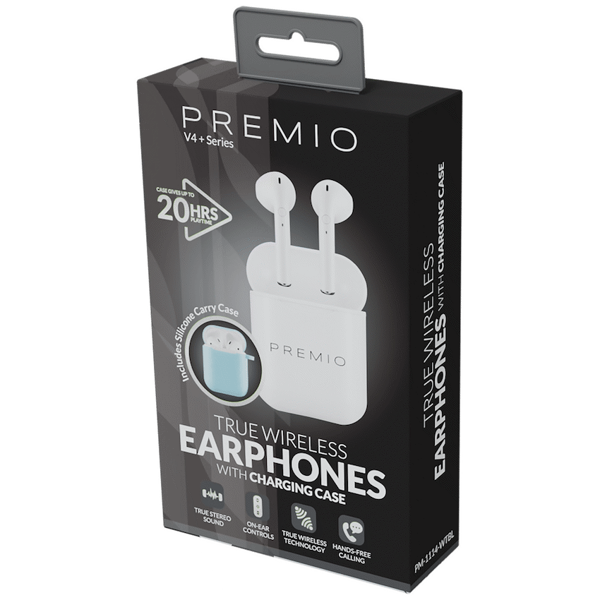 Premio V4 Series TWS Earphones with Charging Case and Cover - White with Blue Cover