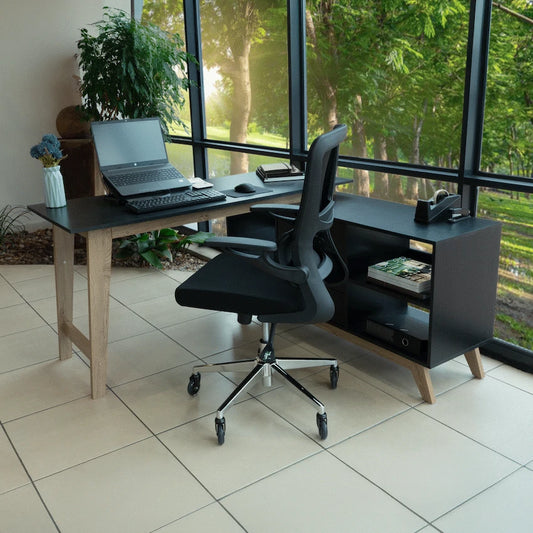 Everfurn Premium Lunar Office Desk - Black, L-Shaped Desk, With Storage