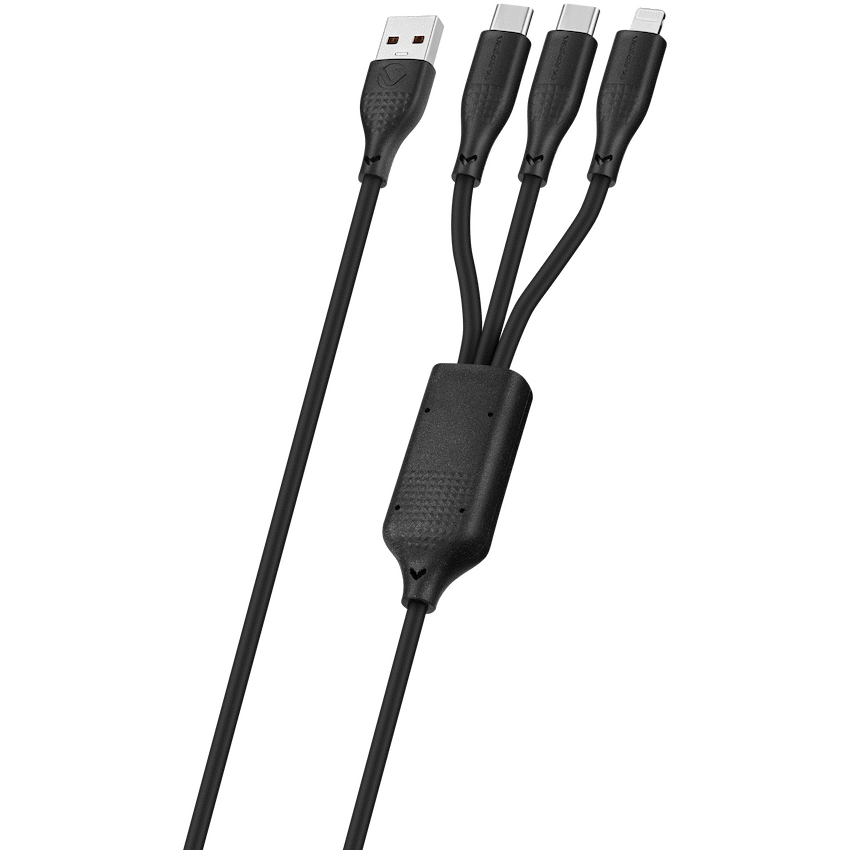 Volkano Nova Series USB-A to 2 USB-C and Lightning Cable 100W 1.2m TPE - Black