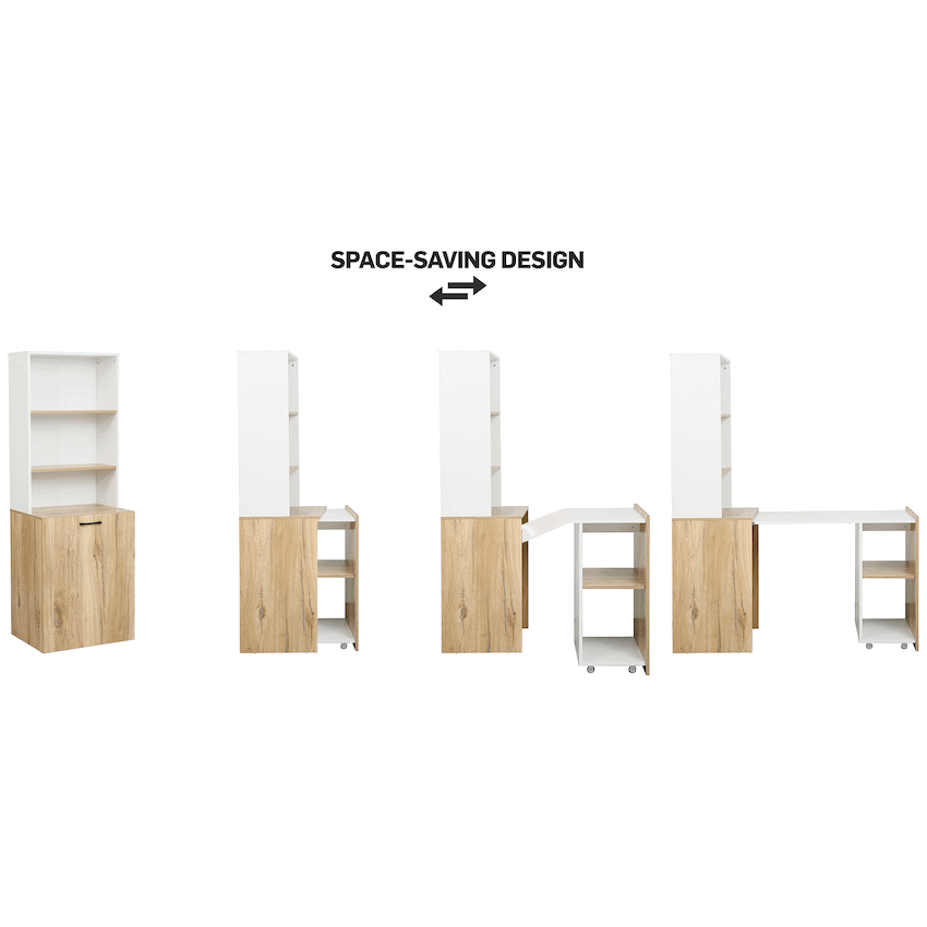 Everfurn Adaptive Desk with Bookshelf - White and Light Oak