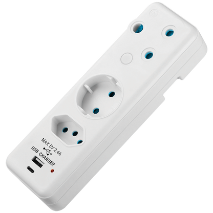Switched 3-Way Schuko Adaptor with Type C + USB