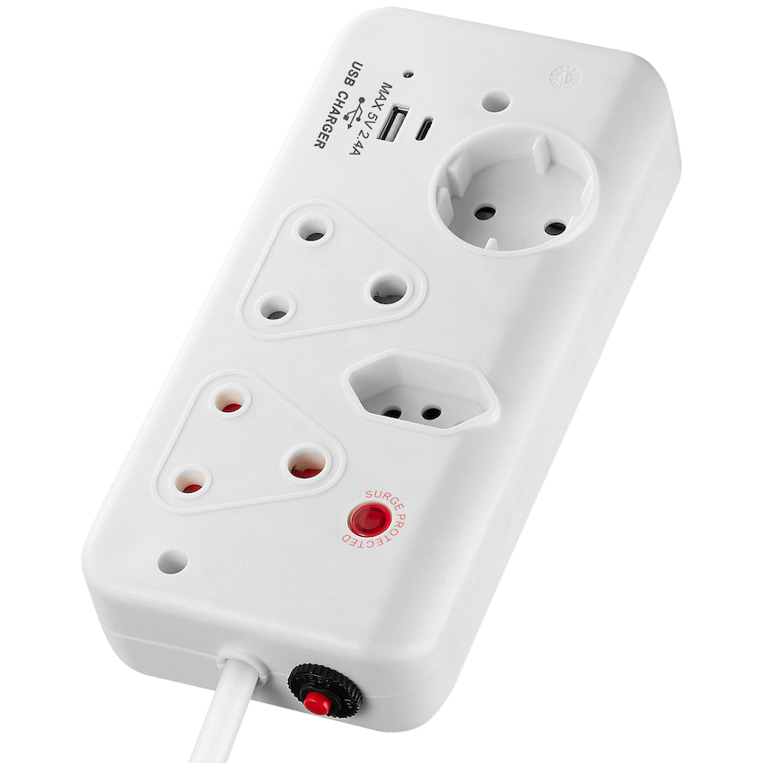 Switched 4-Way with 1x Type-C + 1x USB 2.4a Socket Medium Surge-Protected 0.5m