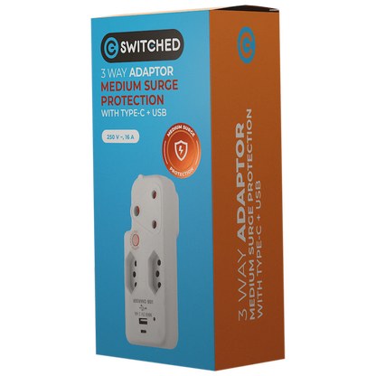Switched 3-Way Medium Surge Adaptor with Type-C + USB - White
