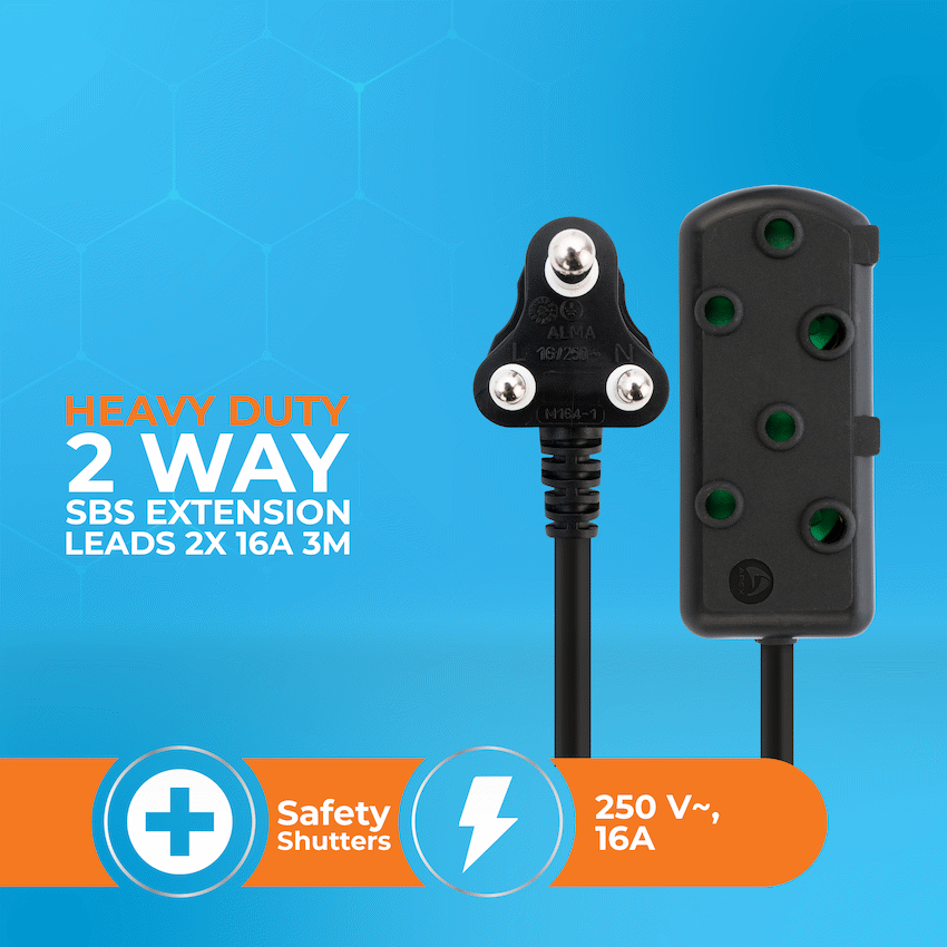 SWITCHED Heavy DUTY Side By Side(SBS) EXTENSION LEADS 3M - BK