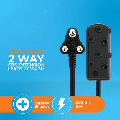 SWITCHED Heavy DUTY Side By Side(SBS) EXTENSION LEADS 3M - BK