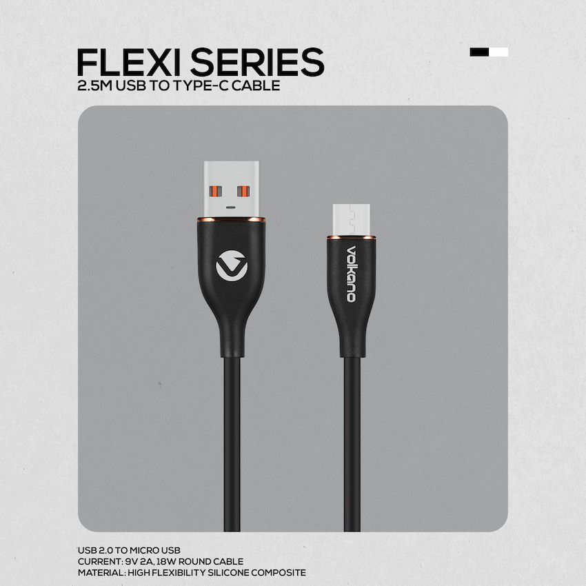Volkano Flexi Series USB to Micro USB 2.5m 18w - Black