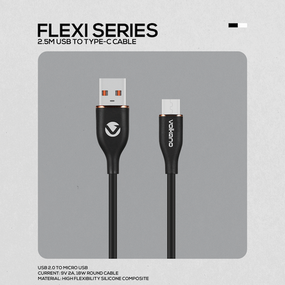 Volkano Flexi Series USB to Micro USB 2.5m 18w - Black