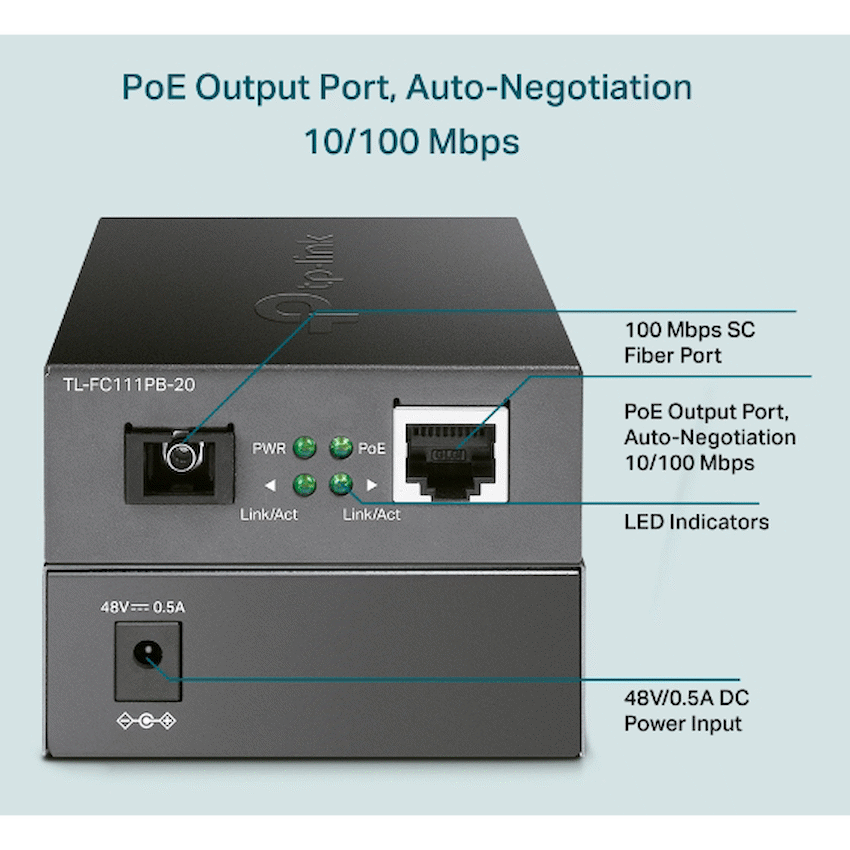 TP-Link TL-FC111PB-20 10/100Mbps WDM Media Converter with 1-Port PoE
