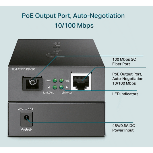 TP-Link TL-FC111PB-20 10/100Mbps WDM Media Converter with 1-Port PoE