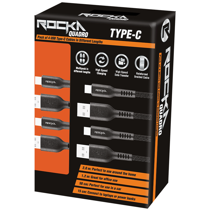 Rocka Quadro Series Type-C 4-Pack Cables - Black