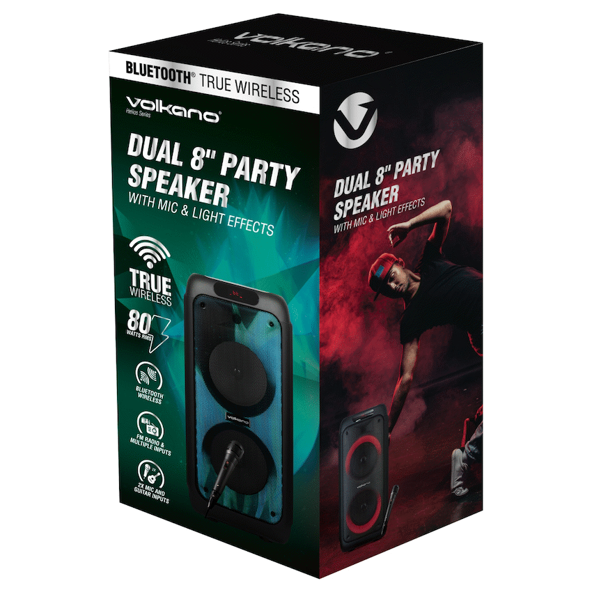 Volkano Helios Series Dual 8" Party Speaker with Microphone & Light Effects