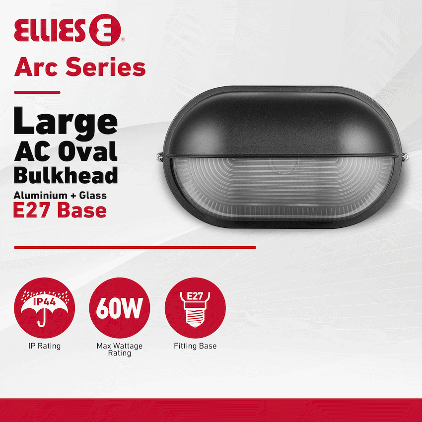 Ellies Arc Series - Large AC Oval Bulkheads - Aluminium + Glass - E27 Base -BK