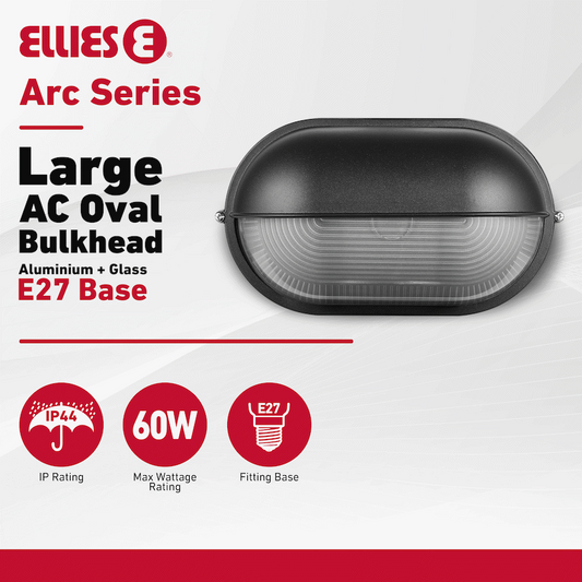 Ellies Arc Series - Large AC Oval Bulkheads - Aluminium + Glass - E27 Base -BK