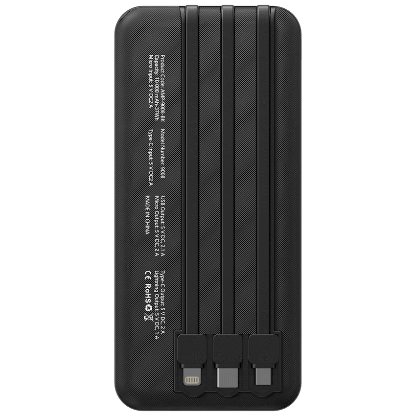 Amplify 10000mAh Power Bank with Integrated Cables - Black