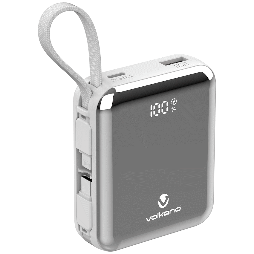 Volkano Solace Series 10 000 mAh Power Bank with Built-in USB-C & Lightning Cable - White & Silver